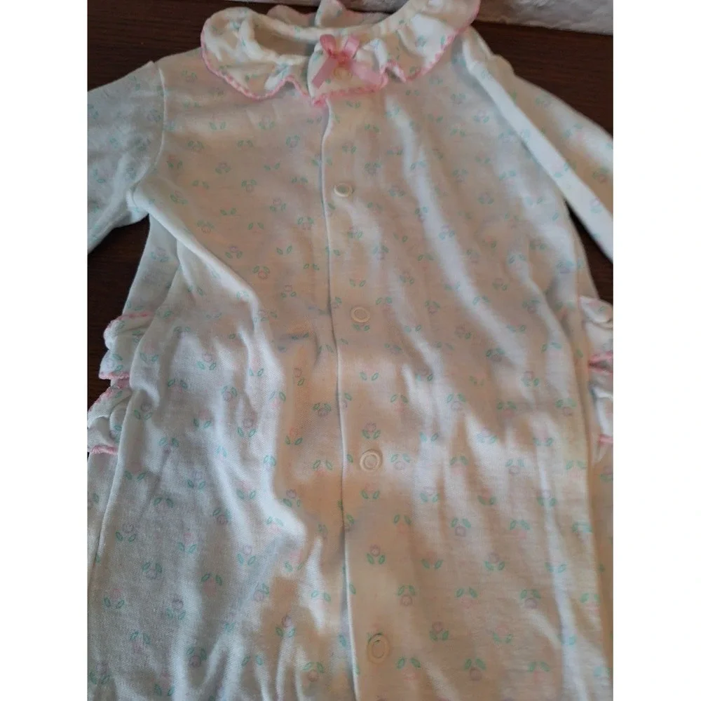Baby Girls White Floral Footed Sleeper Ruffle Collar Pink Bows One Piece Pajamas